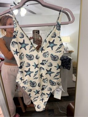 O'Neill Cream One-Piece Swimsuit with Blue Seashell & Starfish Motif